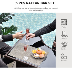 5-Piece Patio Bar Set, Synthetic Rattan Table and High Chairs, with Tempered Glass Top, Dark Brown