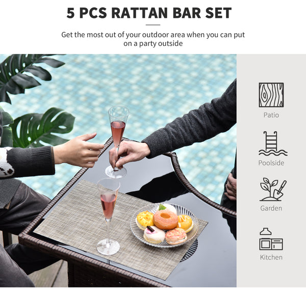 5-Piece Patio Bar Set, Synthetic Rattan Table and High Chairs, with Tempered Glass Top, Dark Brown