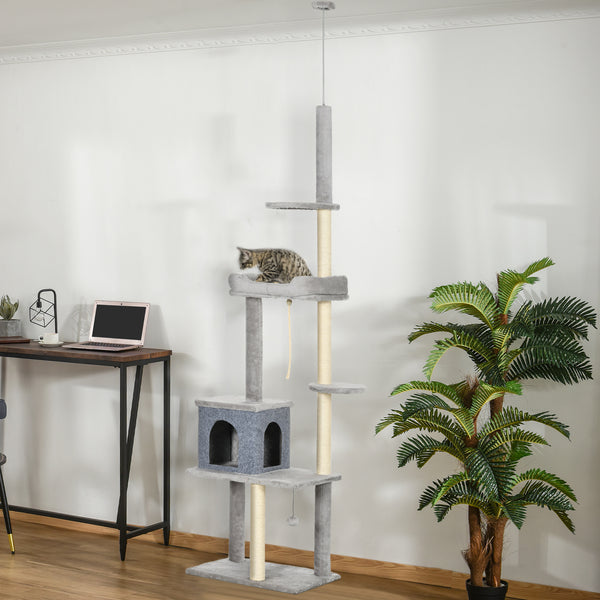 Adjustable Height Cat Tree, Cat Climbing Center with Scratching Posts, Cozy Bed, Grey