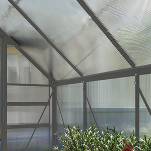 Greenhouse with adjustable roof ventilation, galvanized base, sliding door and gutter