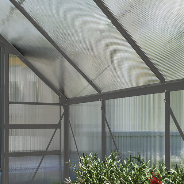 Greenhouse with adjustable roof ventilation, galvanized base, sliding door and gutter