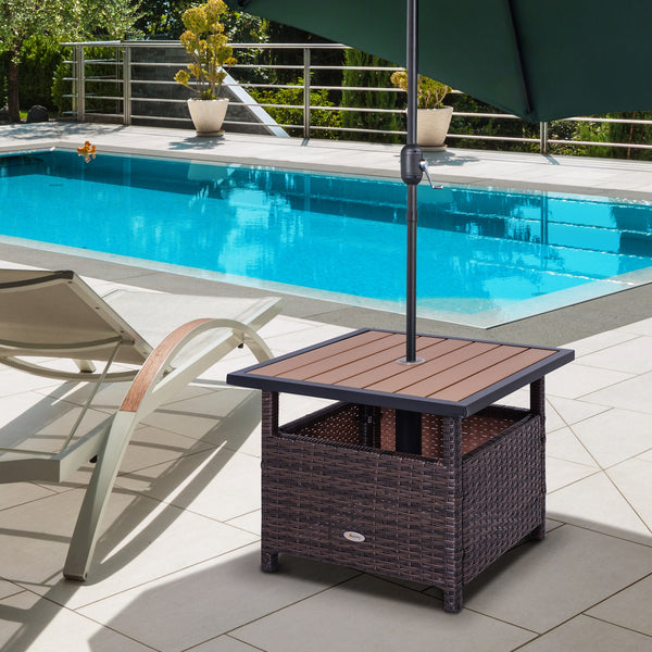 Square synthetic rattan table with parasol hole, can be used as an umbrella stand, brown