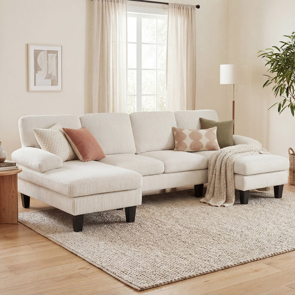 Sectional Sofa, U Shaped Couch with Double Chaise, Pillow-top Armrests and Spring Cushions, 2200lb Capacity, Beige