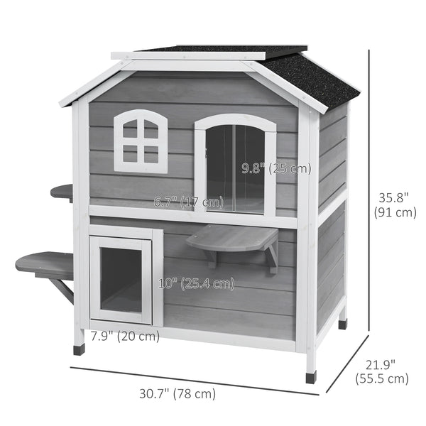 Two-story wooden cat house with a retractable roof, grey