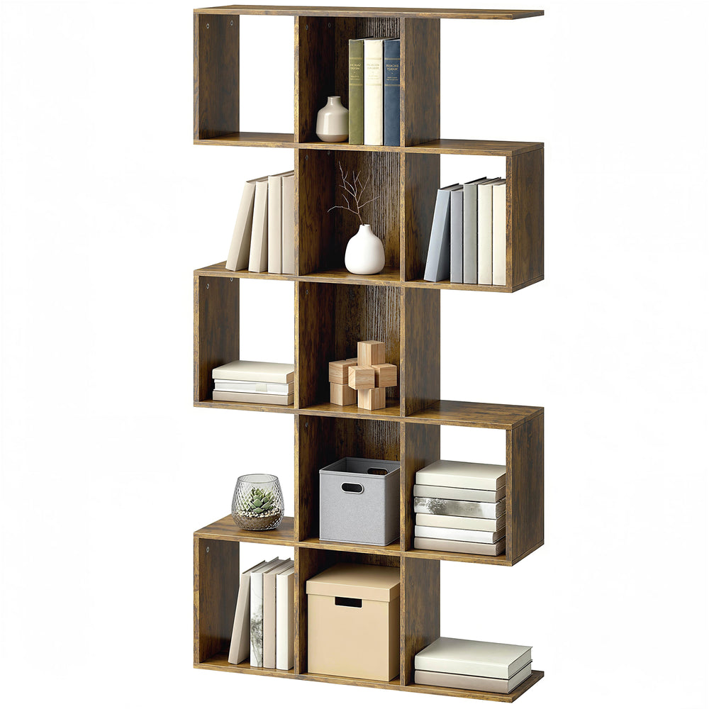 5-Tier Geometric S-Shaped Bookshelf with 15 Compartments, Rustic Brown