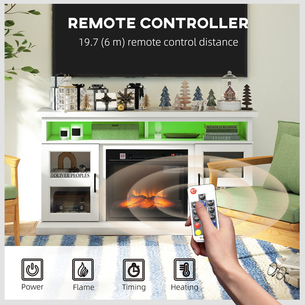 TV stand with integrated fireplace, compatible with TVs up to 55 inches, white