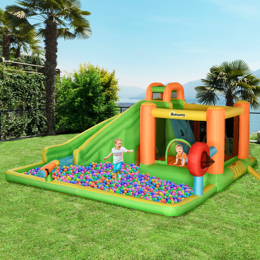 8-in-1 Inflatable Castle for Kids, Includes Slide, Trampoline, Pool, Water Gun, Target Ball, Boxing, Tunnel with Carry Bag, 750W Blower