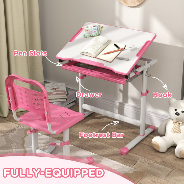 Height Adjustable Study Table and Chair Set with Drawer, Pink