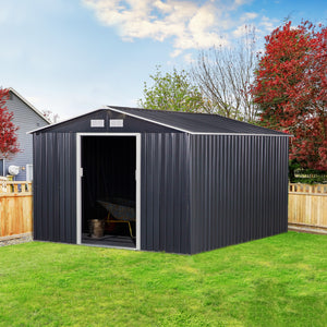 Metal garden shed with double sliding doors and 4 vents, dark grey