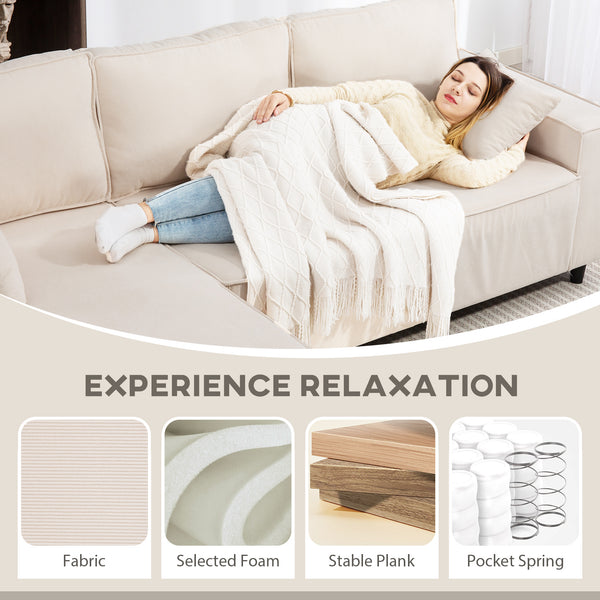 Corner sofa with convertible chaise longue, pocket springs, 2 cushions, cream white