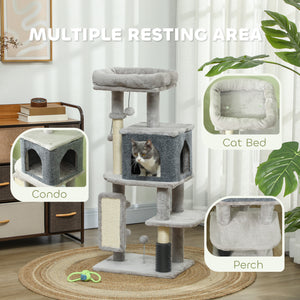 104 cm cat tree with scratching posts, basket, niche, grooming brush