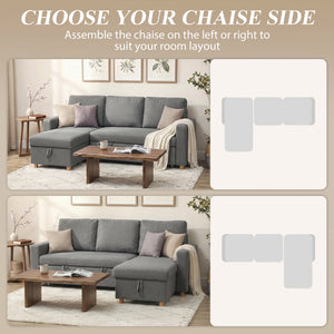 Convertible sectional sofa with pull-out bed, reversible chaise, and storage – Light gray