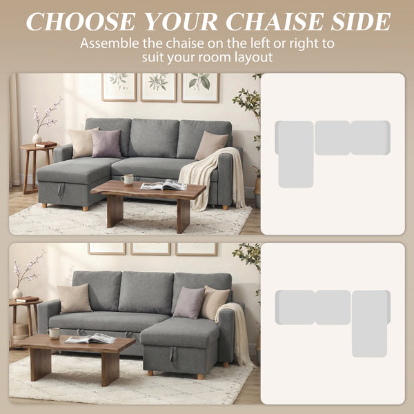 Convertible sectional sofa with pull-out bed, reversible chaise, and storage – Light gray