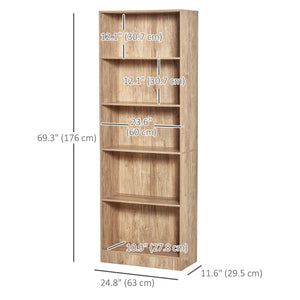 5-Tier Bookcase with Adjustable Shelves, Natural Wood
