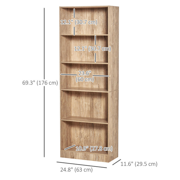5-Tier Bookcase with Adjustable Shelves, Natural Wood