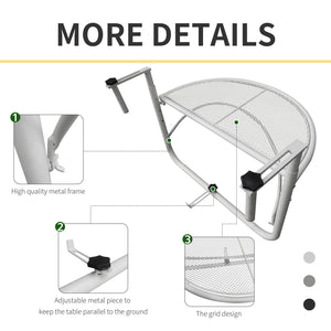 Adjustable metal balcony table, half-round serving table, white