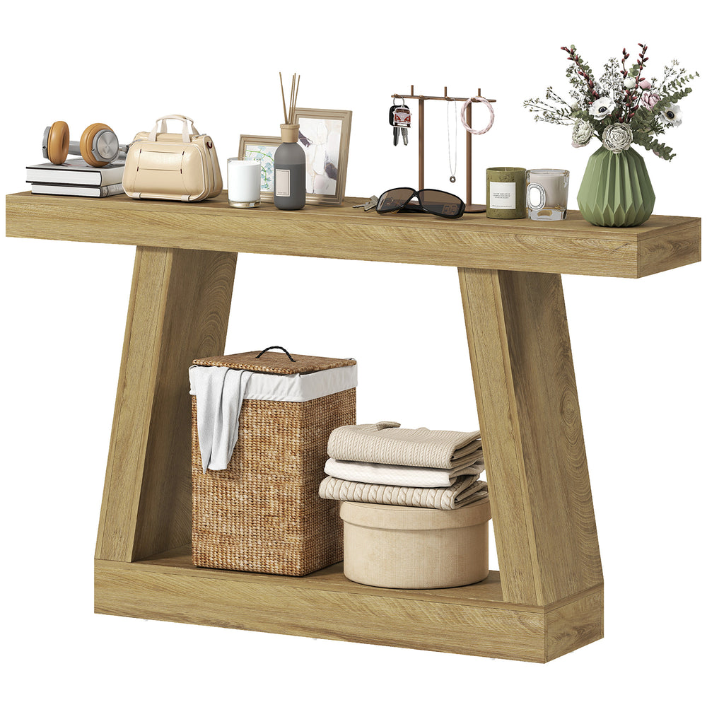 2-Tier Farmhouse Console Table with Storage, Oak Color