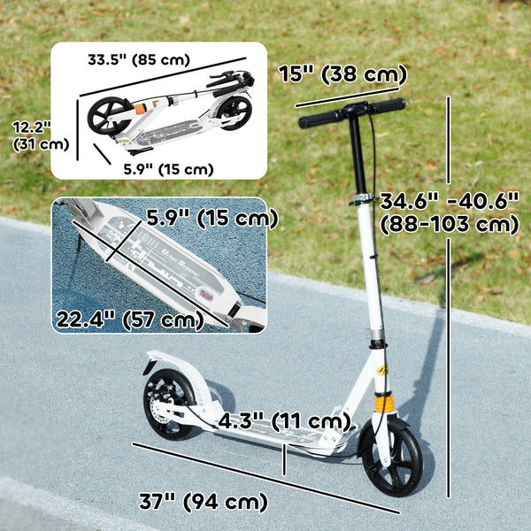 Foldable scooter, 4 adjustable heights, double brake and shock absorption, white