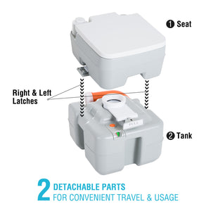 Portable travel toilet with flush tank, level indicator and tap, 20 liters