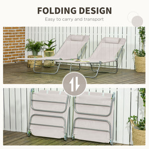 Set of 2 folding lounge chairs with cushion and reclining backrest, cream white
