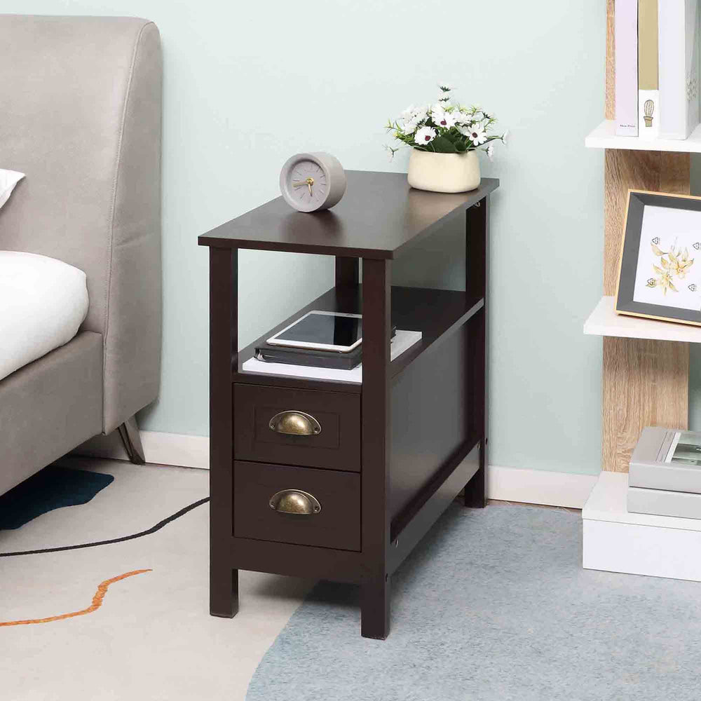 Narrow side table with 2 drawers and storage shelf, coffee