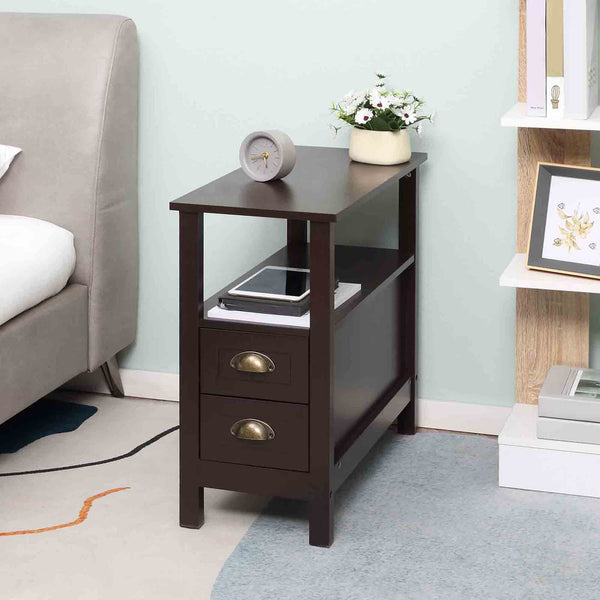 Narrow side table with 2 drawers and storage shelf, coffee