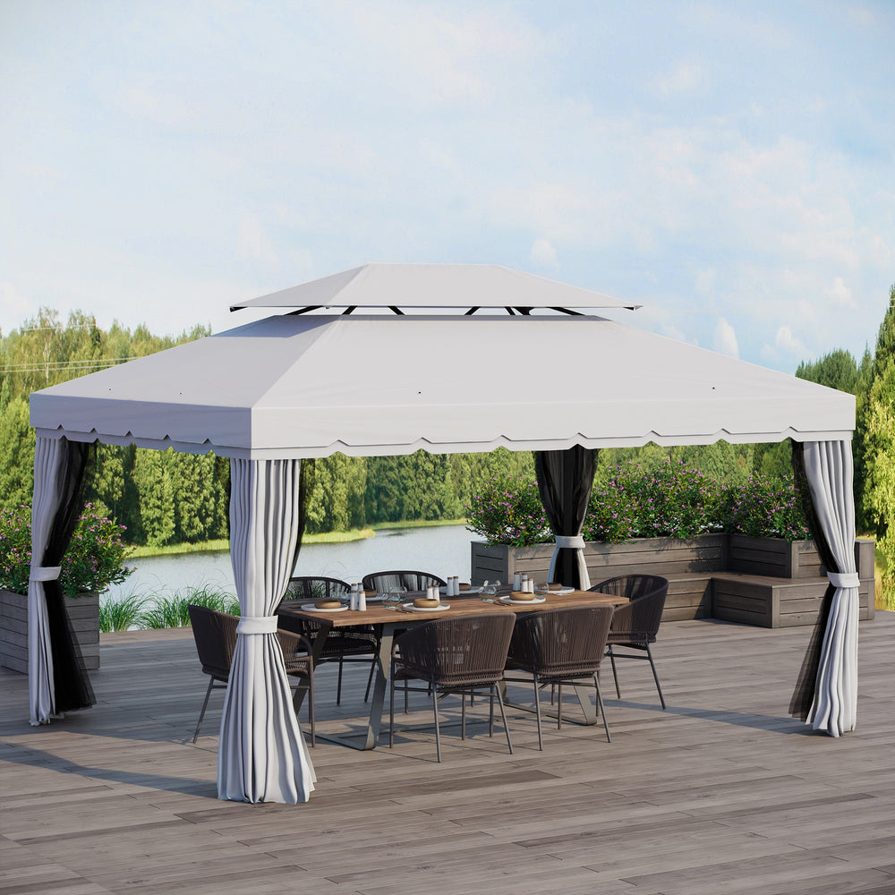 13' x 10' Outdoor Patio Gazebo Canopy with 2-Tier Polyester Roof  Vented Mesh Sidewall & Strong Aluminum Frame Grey