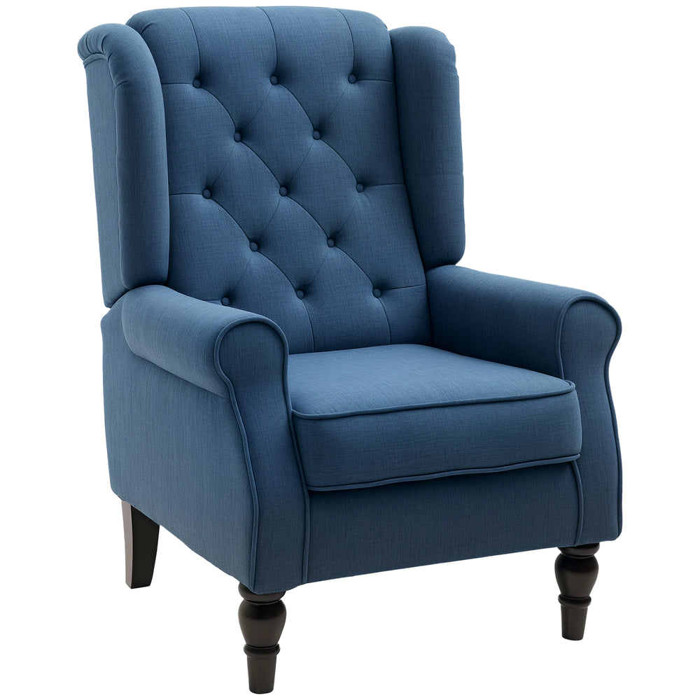 Upholstered accent chair with wooden legs, blue