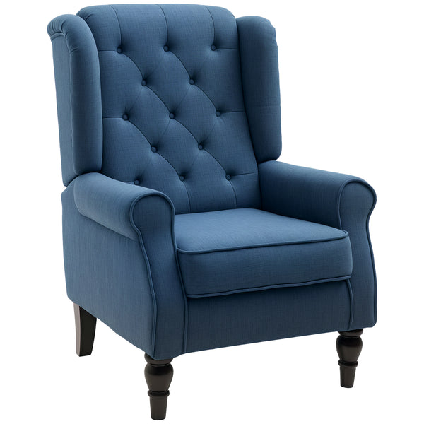 Upholstered accent chair with wooden legs, blue