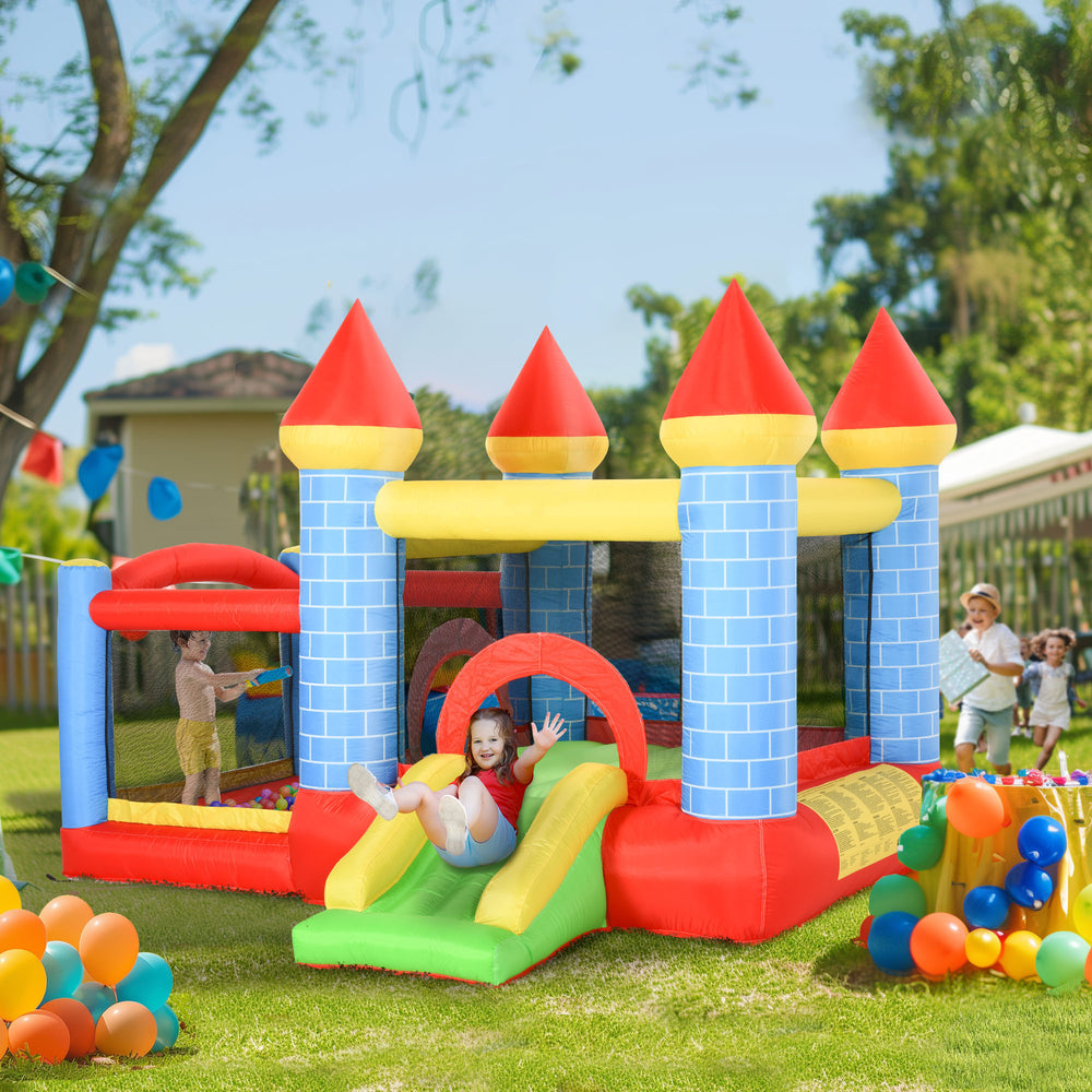 Qaba 9.2 x 9.5FT Bounce House, 4-in-1 Inflatable Bouncy Castle for Kids with Trampoline, Slide, Water Pool, Basket, Blower