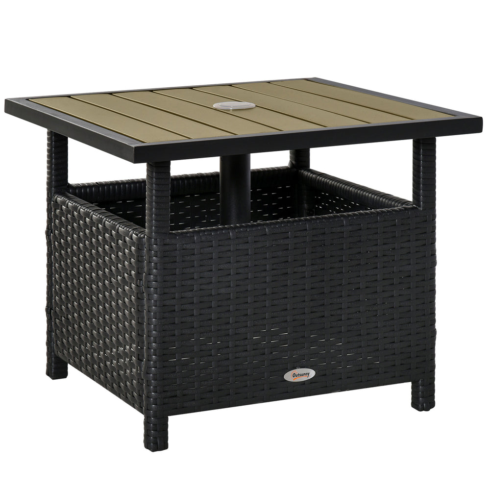 Square synthetic rattan table with parasol hole, can be used as an umbrella stand, black