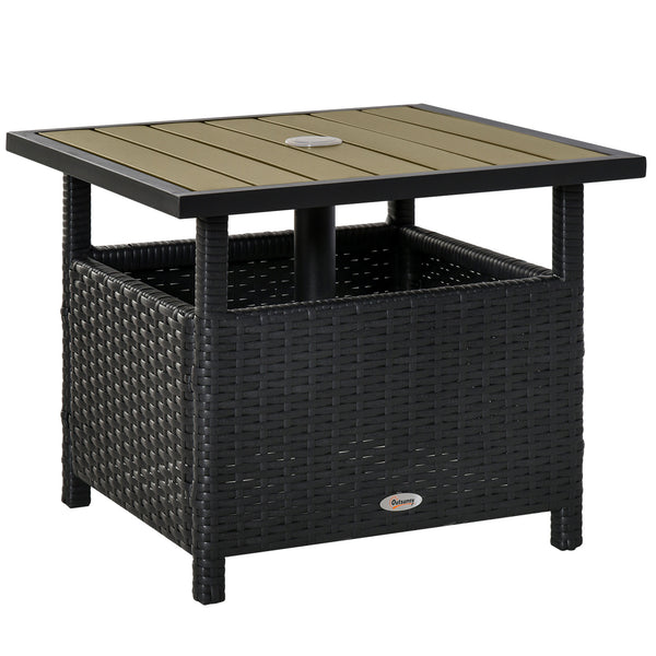 Square synthetic rattan table with parasol hole, can be used as an umbrella stand, black