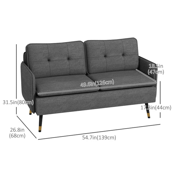 Modern fabric loveseat sofa with tufted back and steel legs, dark gray