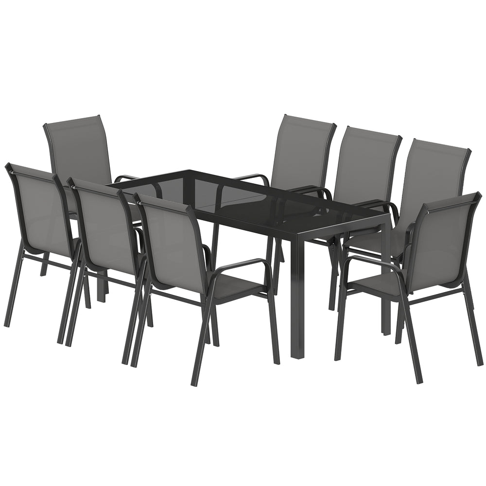 9-piece patio set with stackable chairs and glass tabletop for garden, patio, or yard, dark grey 