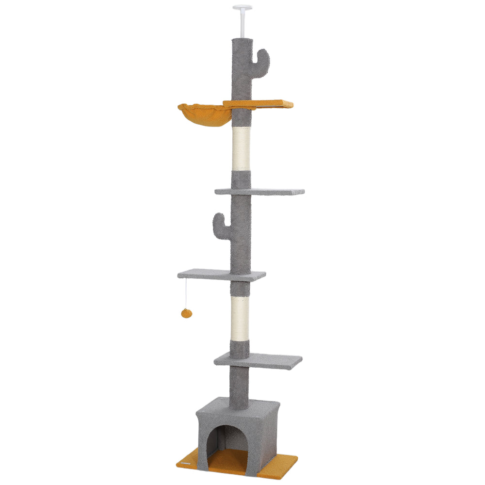 Cat tree with adjustable height from 229 to 274 cm, scratching posts, hammock, lounger and play ball, light gray