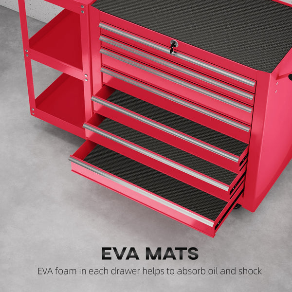 Mobile steel tool chest with 7 lockable drawers and side shelf, red