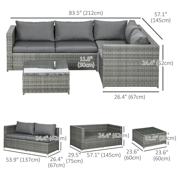 3-piece woven rattan garden furniture set with loveseat, coffee table and cushions, grey