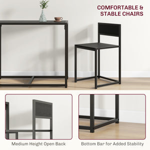 Dining table and chairs set, industrial style, for 2 people, ideal for small spaces, black