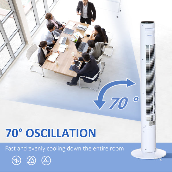 Freestanding tower fan with 3 speeds, 12-hour timer, LED sensor panel, remote control, white