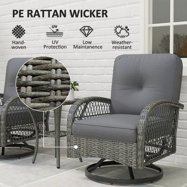 3 Piece Wicker Garden Set with 2 Rocking Swivel Chairs and Two-Tier Glass Coffee Table, Grey