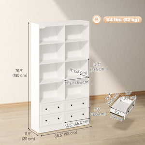 71" White Bookcase with 8 Cubbies and 4 Drawers