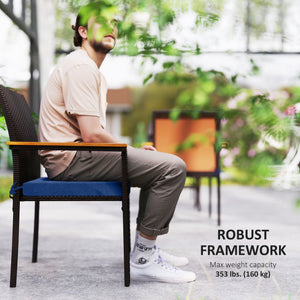 Set of 2 stackable wicker garden chairs with removable cushion and armrests, navy blue