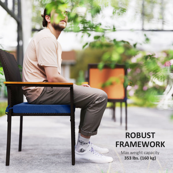 Set of 2 stackable wicker garden chairs with removable cushion and armrests, navy blue