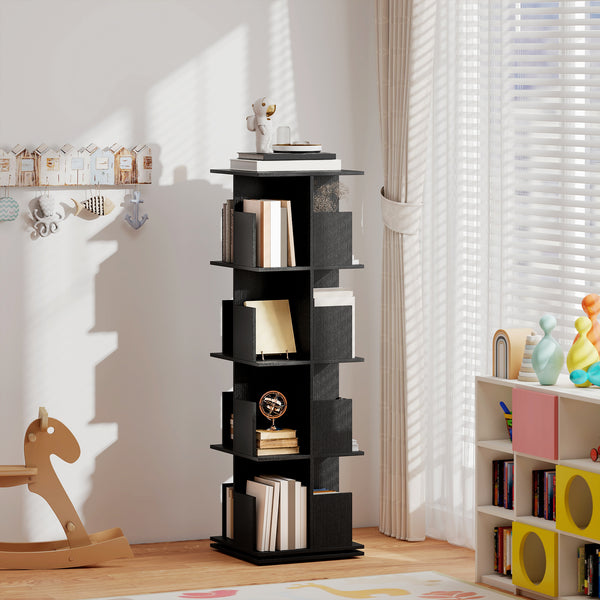 4-Tier 360° Rotating Bookcase with 16 Compartments, Black Wood Grain