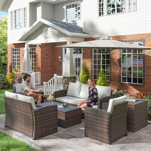 6 Pieces Wicker Patio Furniture Set with Cushions, 7-Seater Rattan Patio Sofa Set with Storage Coffee Table & Side Table, Sectional Outdoor Furniture Set, Cream White