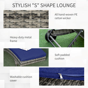 Adjustable wicker resin chaise lounge with cushion and wheels, dark blue 