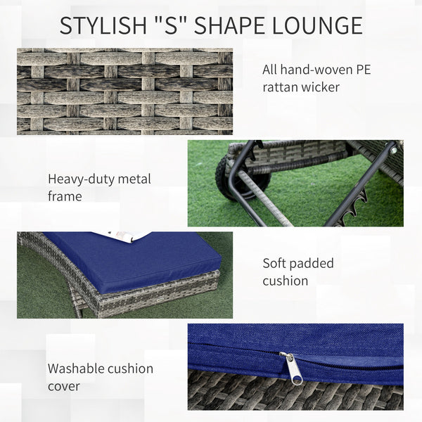 Adjustable wicker resin chaise lounge with cushion and wheels, dark blue 