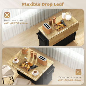 Portable kitchen island with charging station, fold-down rubberwood tabletop, waste storage, black