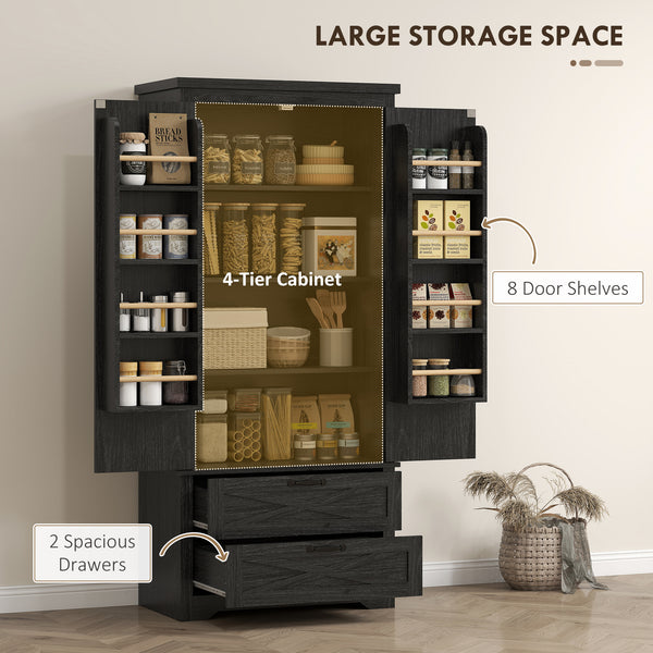 Country Style Pantry with Drawers, Distressed Black