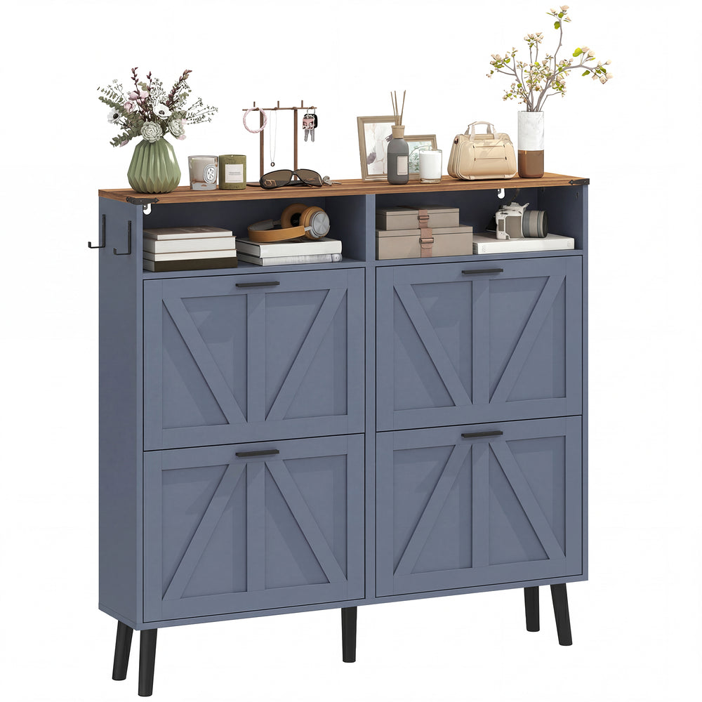 Shoe cabinet with 4 tip-out drawers, country style, narrow, holds up to 24 pairs, blue